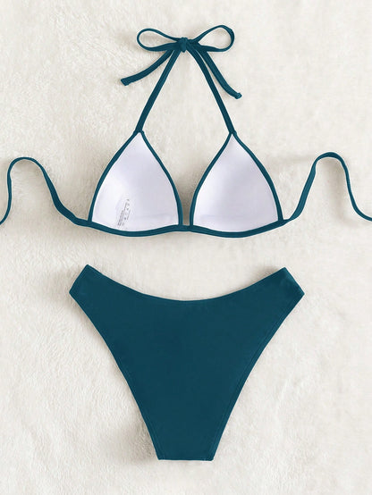 Bikini Halter Agua Verde Azul con Push Up y Corte Alto Set de 2 Piezas