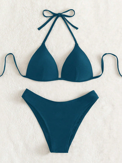 Bikini Halter Agua Verde Azul con Push Up y Corte Alto Set de 2 Piezas