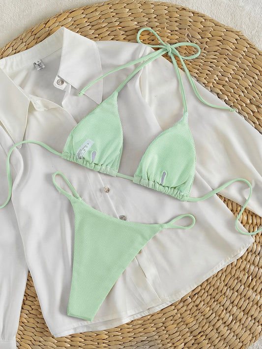 Bikini Triangular Halter Verde Menta con Cordón de Espalda
