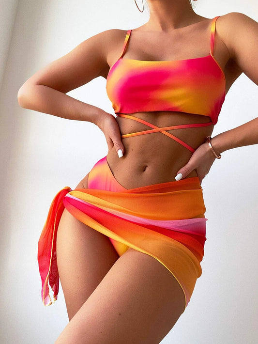 Bikini con Falda Pareo y Ajuste Cruzado Estampado Degradado Naranja