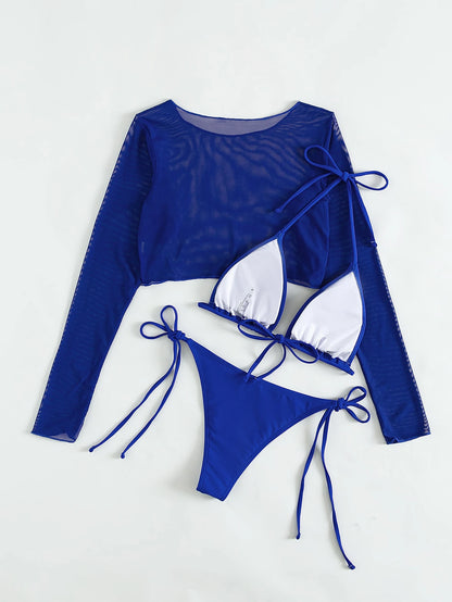 Bikini Sexy Liso Azul Real con Top Halter y Cubretop de Malla