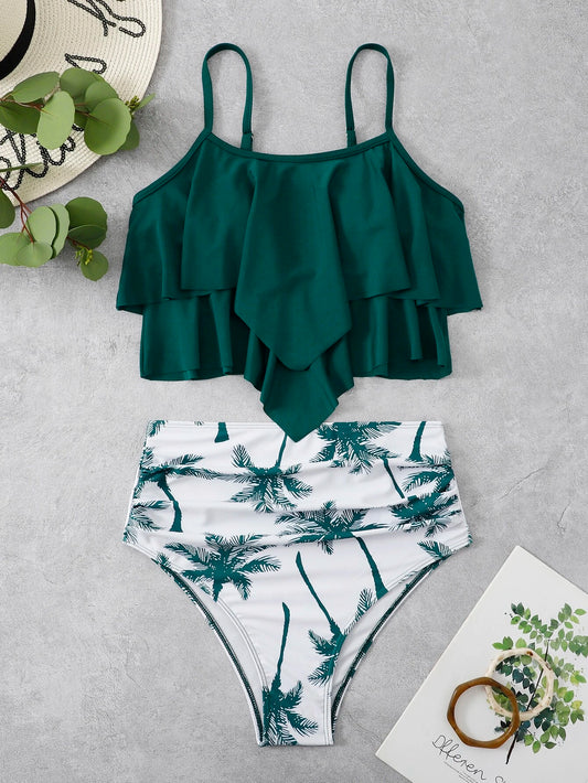 Bikini de Talle Alto Verde Oscuro con Volantes y Estampado Tropical