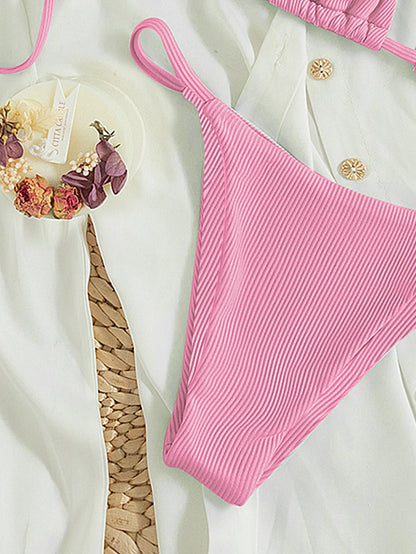 Bikini Triangular Rosa con Nudos y Tirantes Ajustables