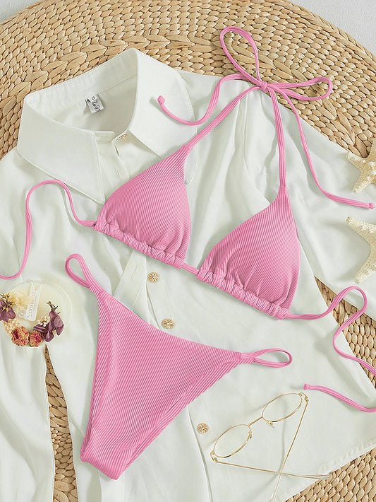 Bikini Triangular Rosa con Nudos y Tirantes Ajustables
