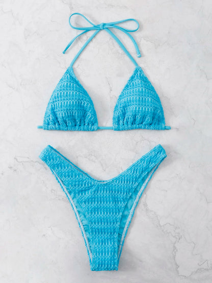 Bikini Halter Azul Menta Texturizado con Corte Alto Set de 2 Piezas