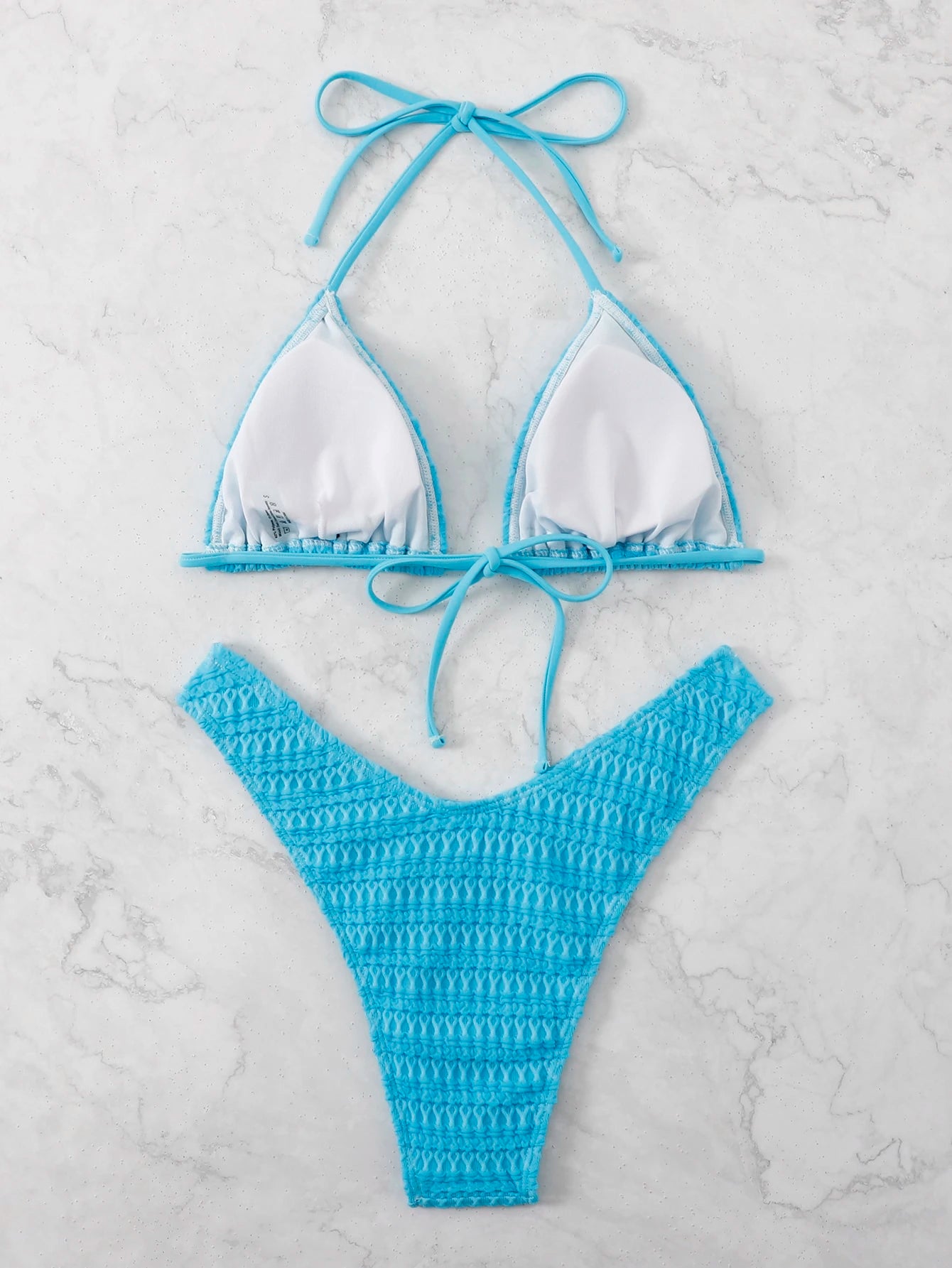 Bikini Halter Azul Menta Texturizado con Corte Alto Set de 2 Piezas