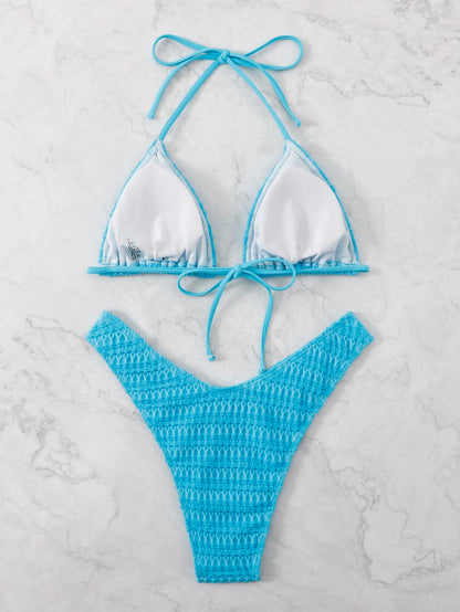 Bikini Halter Azul Menta Texturizado con Corte Alto Set de 2 Piezas