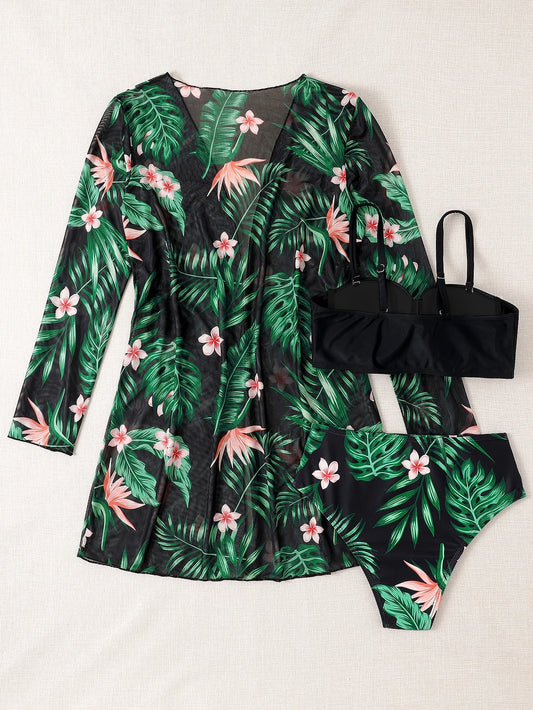 Set de Bikini Tropical Negro con Kimono Estampado y Push Up