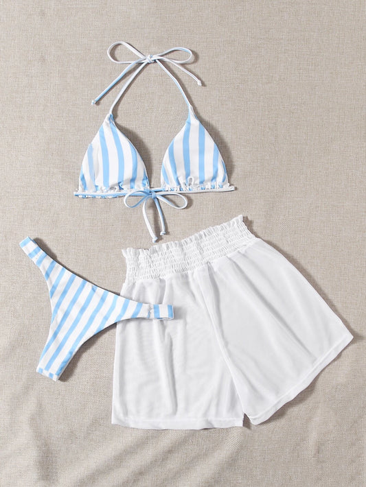 Bikini de Rayas Azul y Blanco con Short de Malla y Top Halter Ajustable