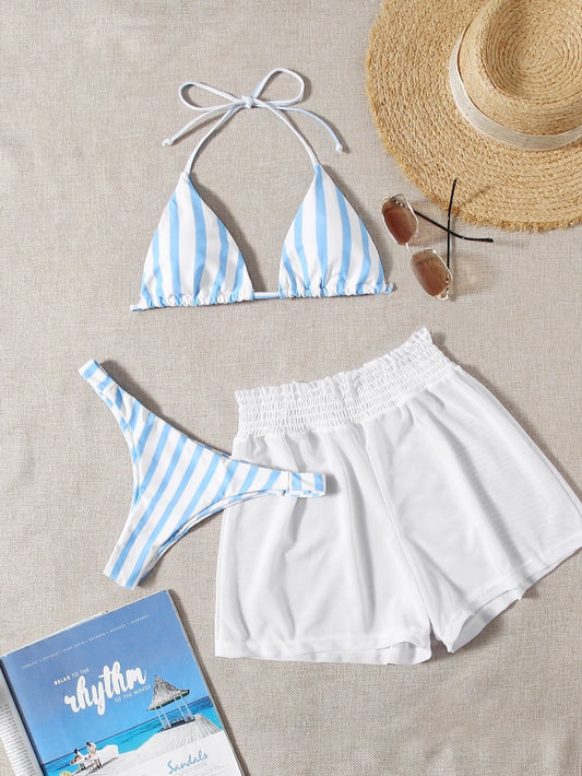 Bikini de Rayas Azul y Blanco con Short de Malla y Top Halter Ajustable