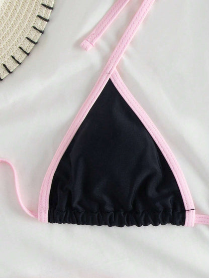 Bikini Sexy Con Lazo y Ribete en Contraste Negro y Rosa
