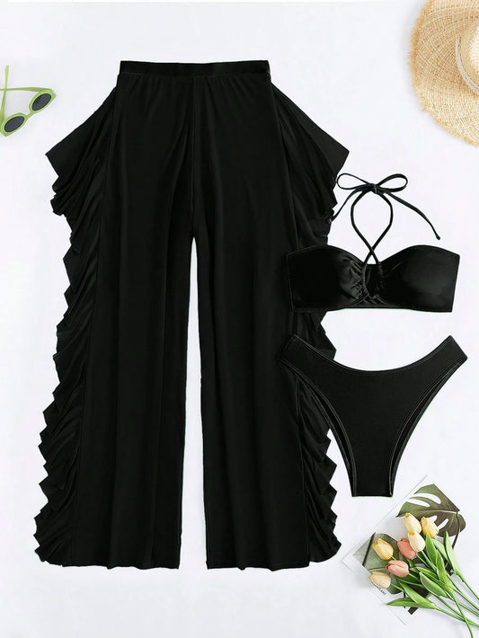 Set De Bikini Negro Con Top Halter Y Pantalón Transparente Con Volantes