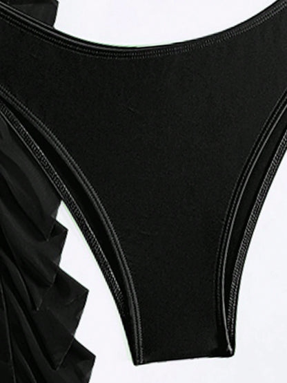 Set De Bikini Negro Con Top Halter Y Pantalón Transparente Con Volantes