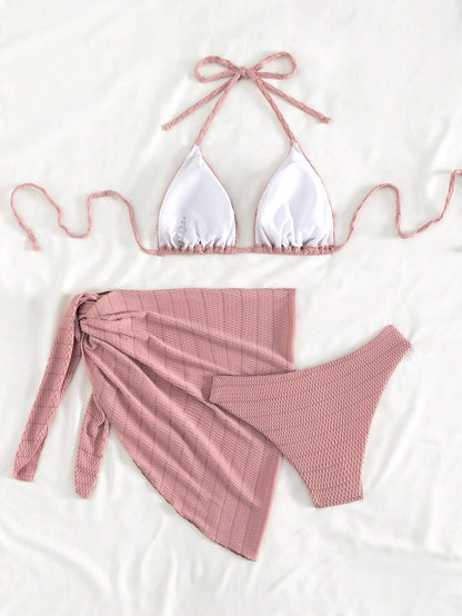 Bikini de 3 piezas rosa con top halter y pareo tejido texturizado