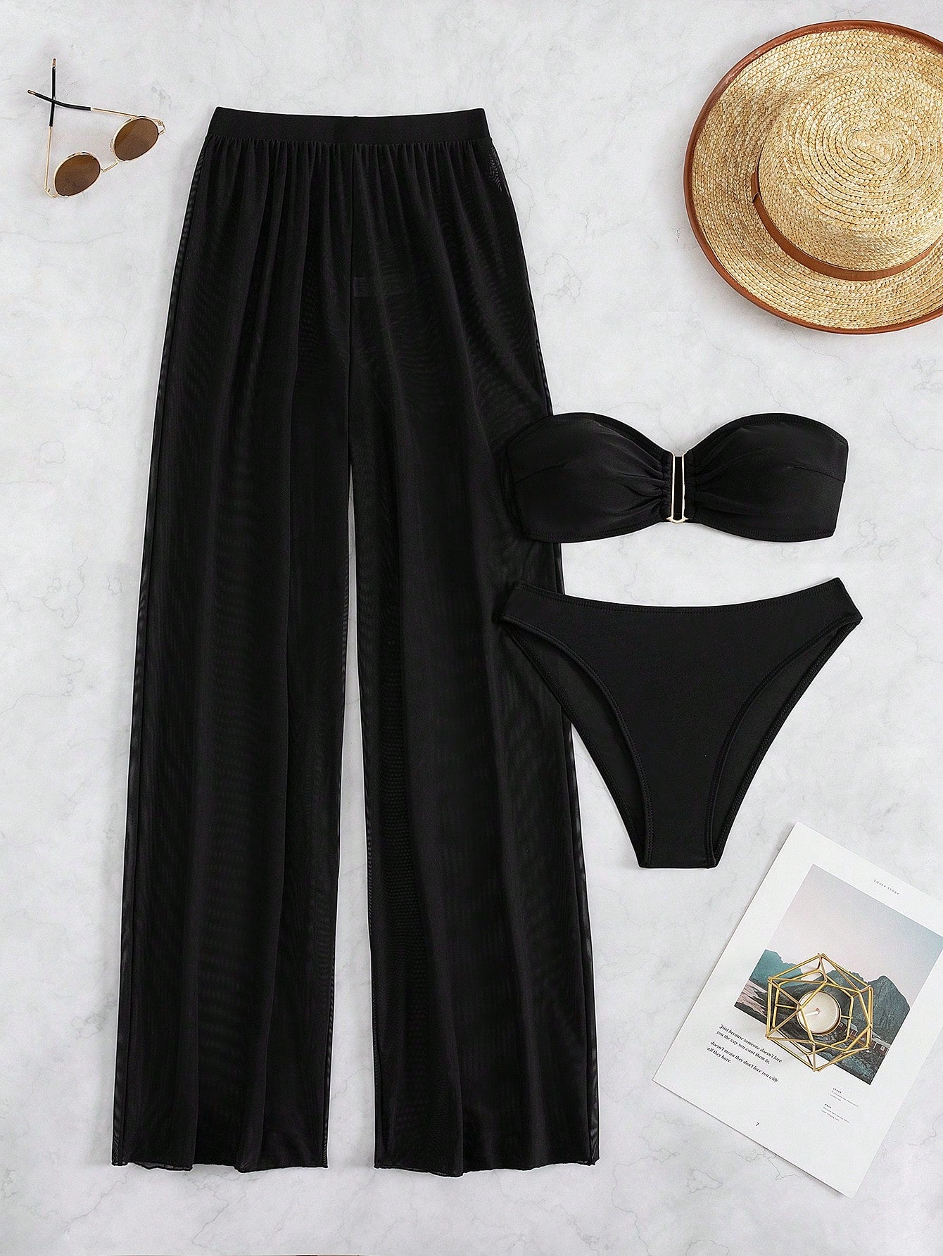 Set De Bikini Negro De Tres Piezas Con Bandeau Y Pantalón Transparente De Cintura Alta