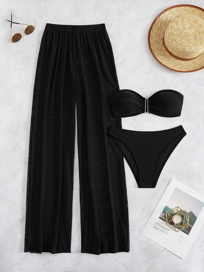 Set De Bikini Negro De Tres Piezas Con Bandeau Y Pantalón Transparente De Cintura Alta