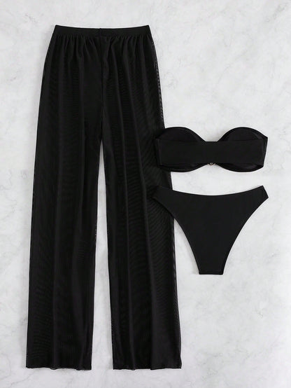 Set De Bikini Negro De Tres Piezas Con Bandeau Y Pantalón Transparente De Cintura Alta