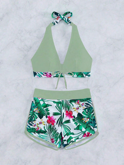 Bikini con Shorts y Estilo Tropical Verde de Ajuste Seguro