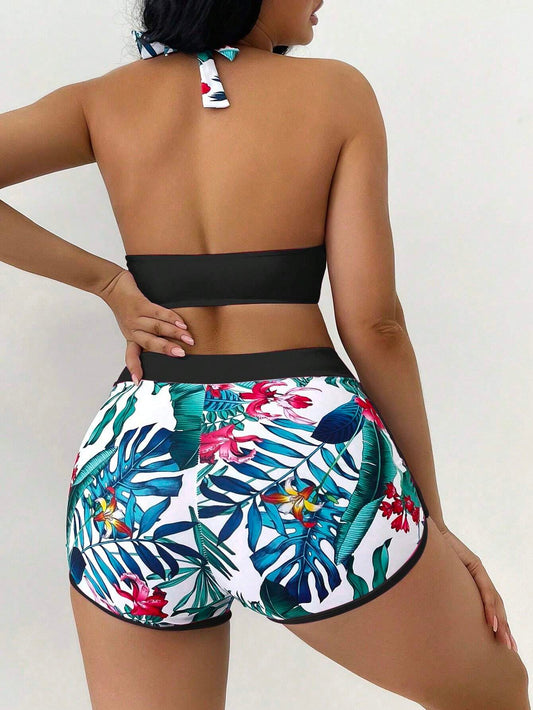 Bikini con Shorts y Estilo Tropical Negro de Ajuste Seguro