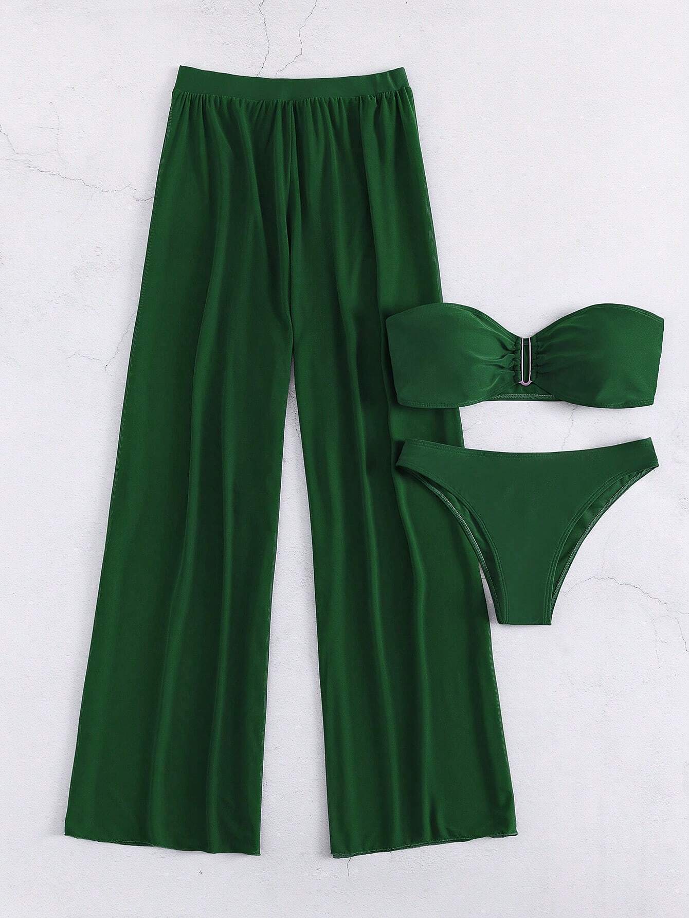 Bikini Bandeau Verde Oscuro Con Pantalón Ligero Para Un Look Sofisticado