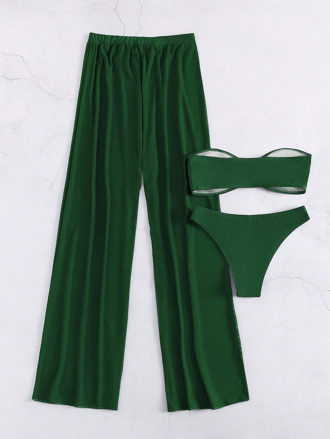 Bikini Bandeau Verde Oscuro Con Pantalón Ligero Para Un Look Sofisticado