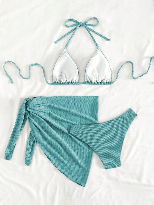 Bikini Azul Halter con Falda Pareo