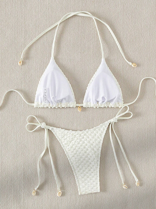 Bikini Beige de Tejido Texturizado con Lazos