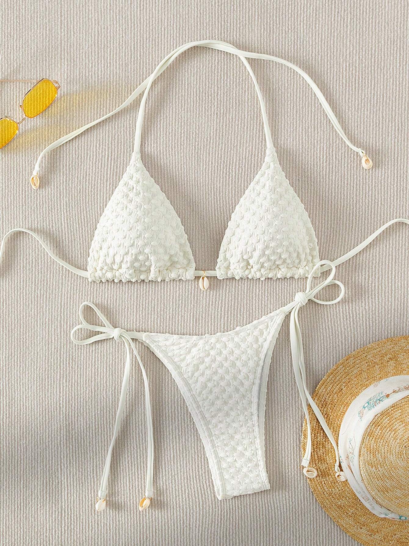 Bikini Beige de Tejido Texturizado con Lazos