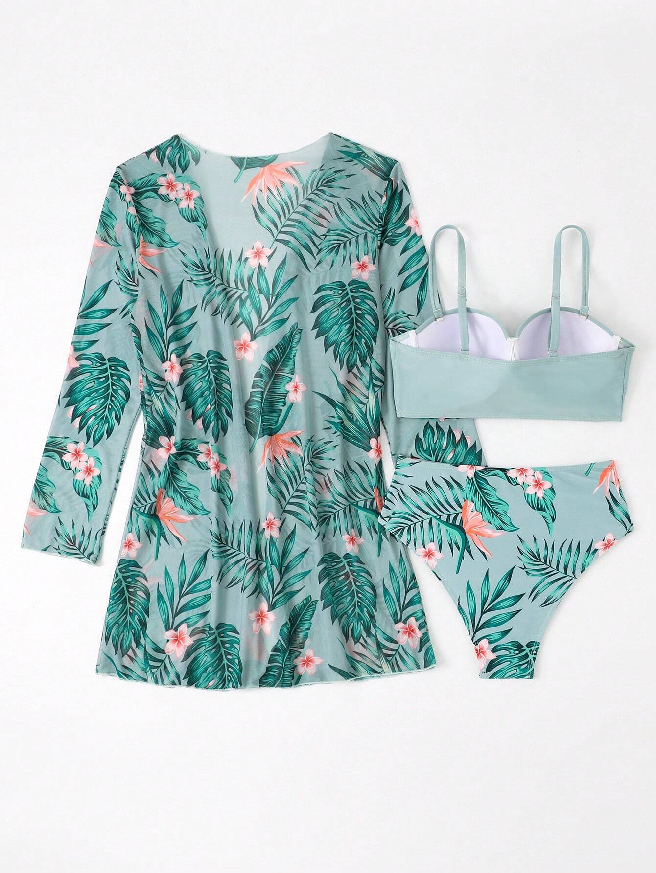 Conjunto De Bikini Tropical Verde Con Salida Larga Y Push Up
