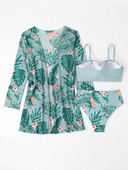 Conjunto De Bikini Tropical Verde Con Salida Larga Y Push Up