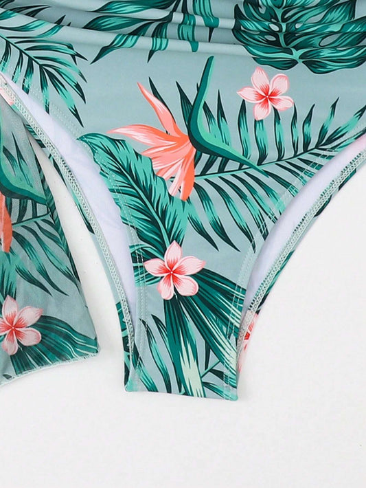Conjunto De Bikini Tropical Verde Con Salida Larga Y Push Up