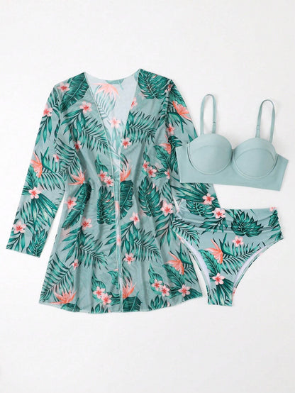 Conjunto De Bikini Tropical Verde Con Salida Larga Y Push Up