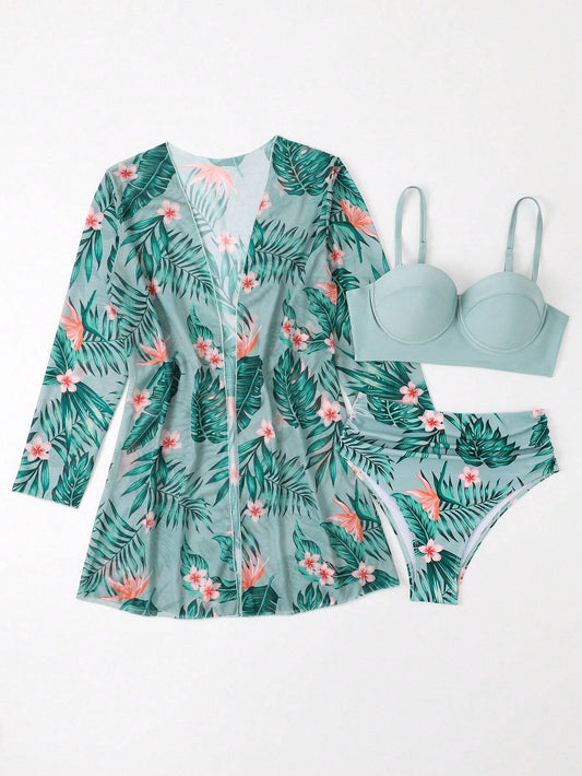 Conjunto De Bikini Tropical Verde Con Salida Larga Y Push Up