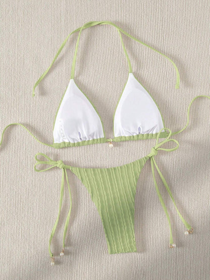 Bikini Con Detalles de Perlas y Ajuste Perfecto Verde