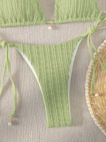 Bikini Con Detalles de Perlas y Ajuste Perfecto Verde