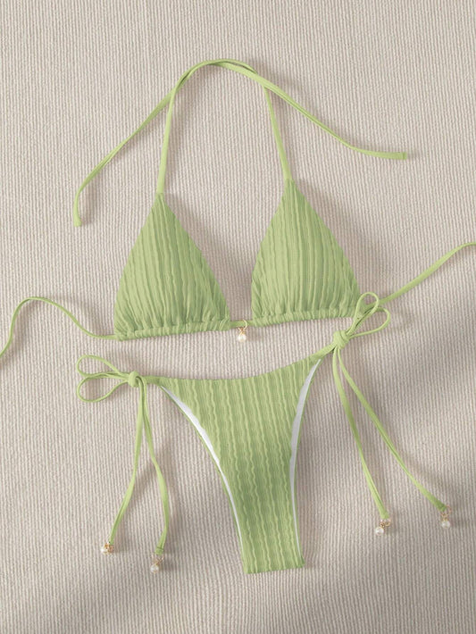 Bikini Con Detalles de Perlas y Ajuste Perfecto Verde