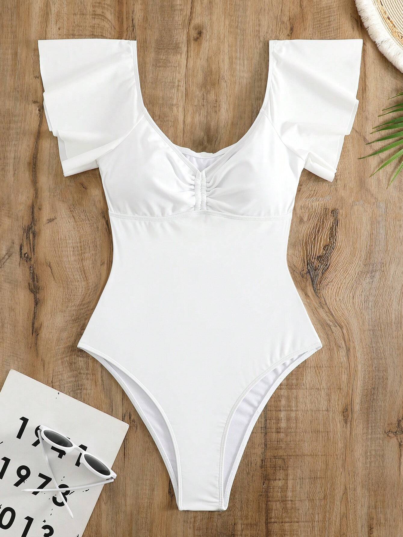 Traje de Baño Entero Blanco con Mangas Voladas y Moño Posterior