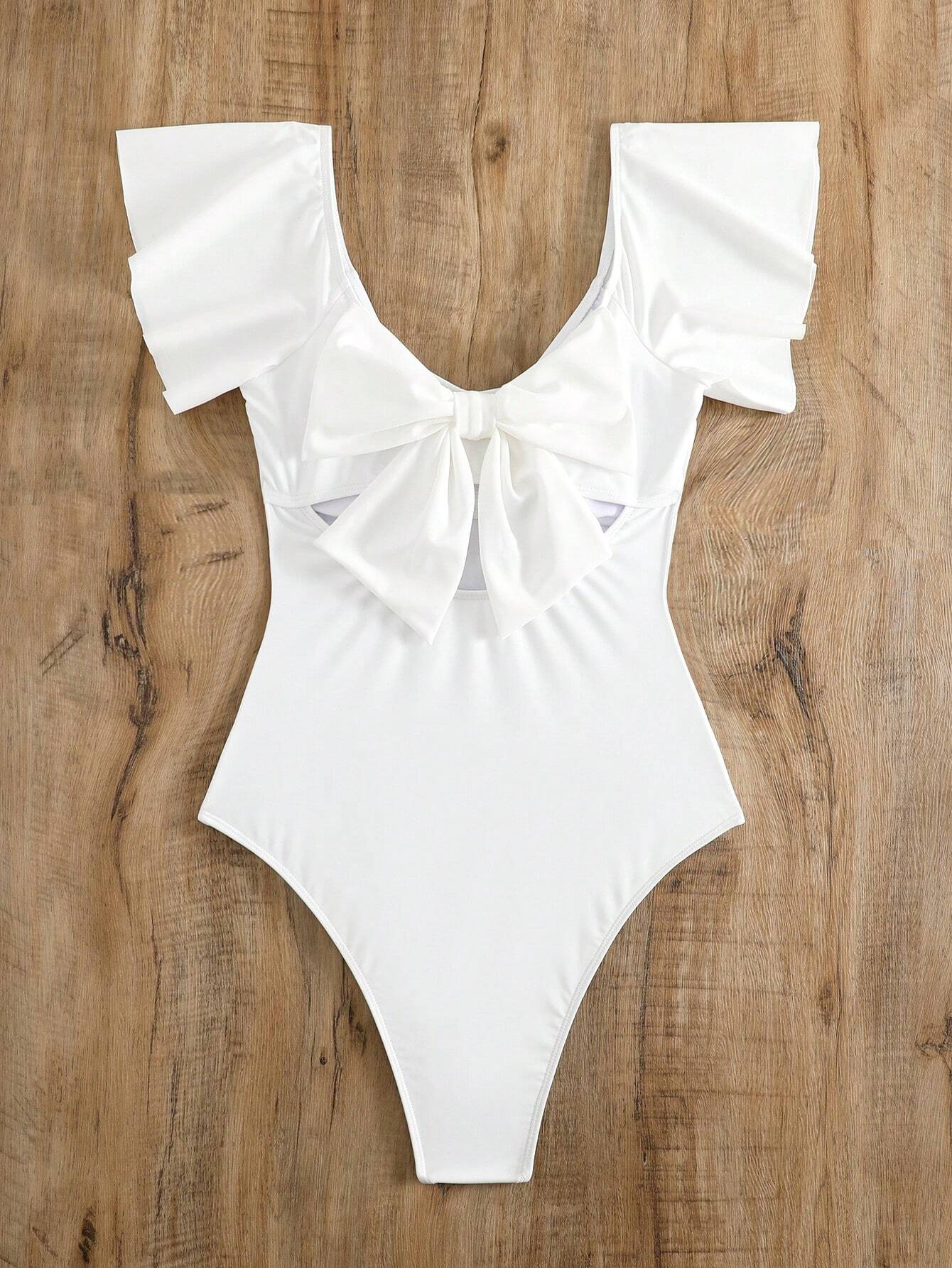 Traje de Baño Entero Blanco con Mangas Voladas y Moño Posterior