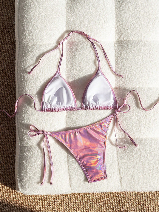 Bikini Metálico Triangular Rosa Con Lazo Ajustable