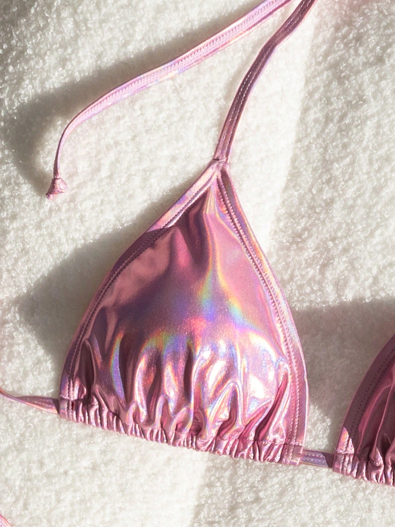 Bikini Metálico Triangular Rosa Con Lazo Ajustable