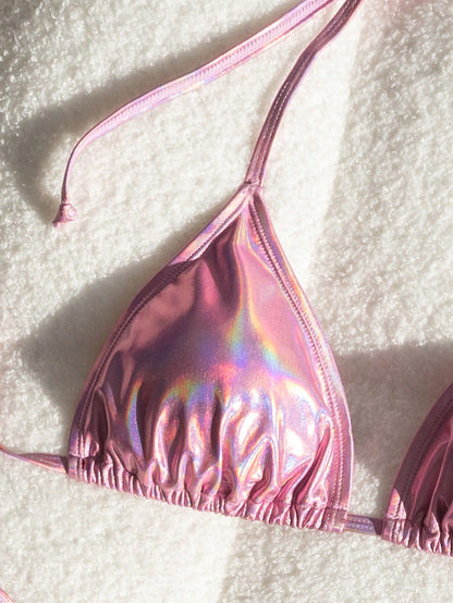 Bikini Metálico Triangular Rosa Con Lazo Ajustable