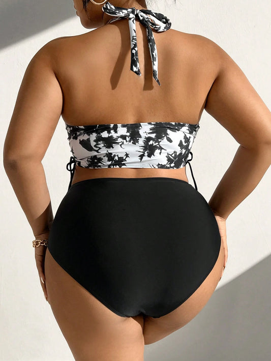 Bikini Tie-Dye Blanco Y Negro Con Top Halter Y Talle Alto