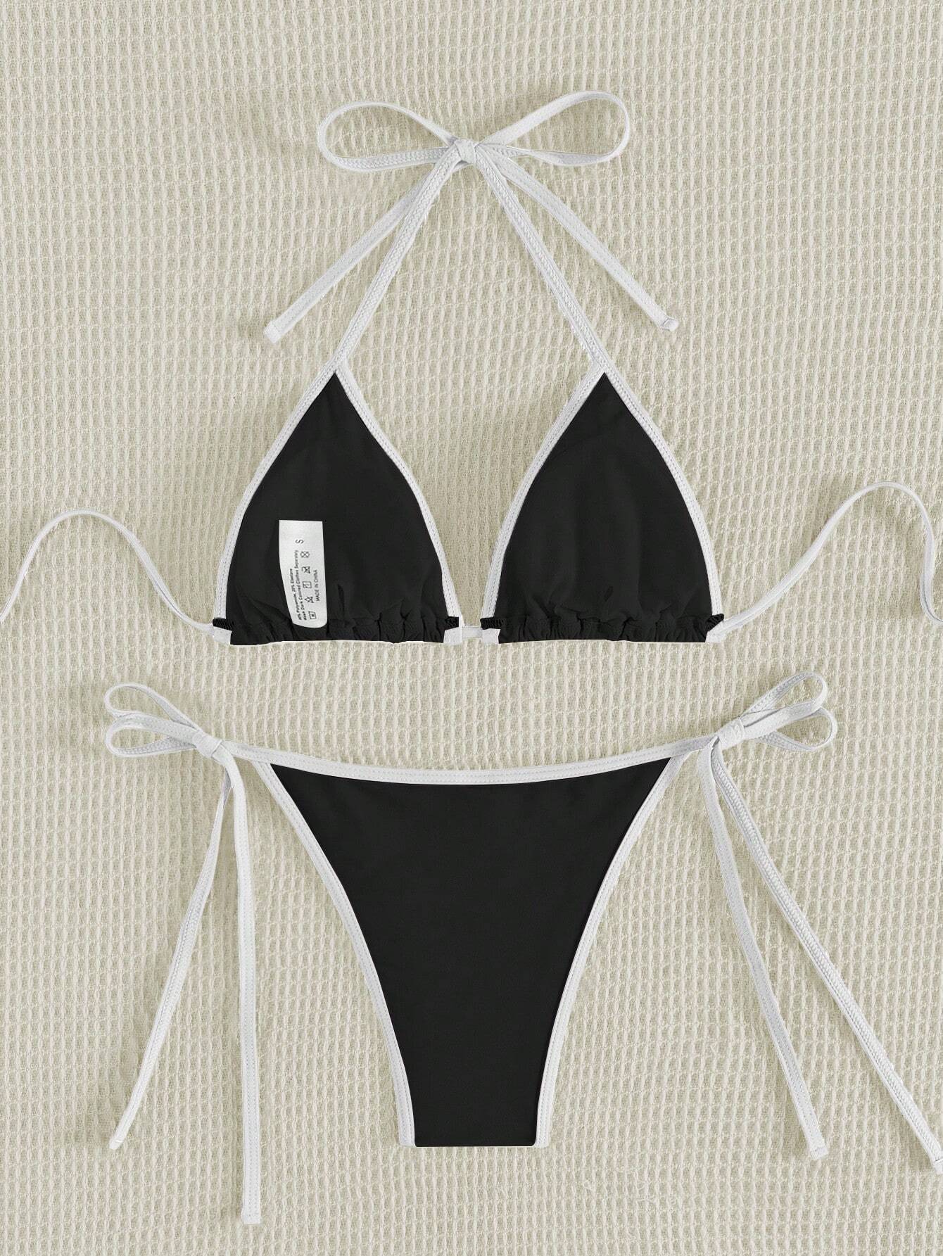 Bikini Triangular Halter Blanco y Negro con Ribete Contrastante