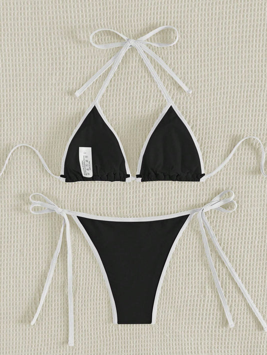 Bikini Triangular Halter Blanco y Negro con Ribete Contrastante