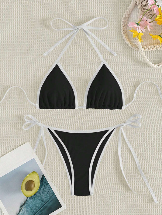 Bikini Triangular Halter Blanco y Negro con Ribete Contrastante