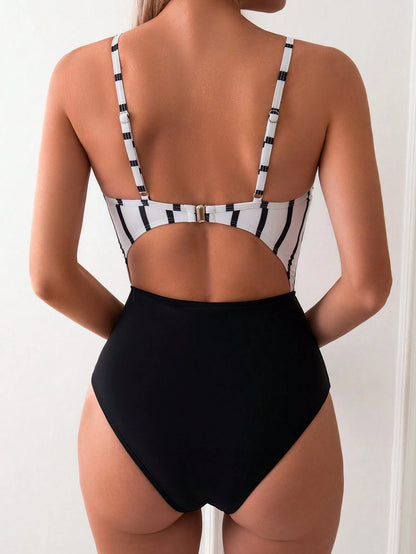 Traje De Baño Enterizo A Rayas Blanco Y Negro Con Lazo Frontal Y Corte Alto