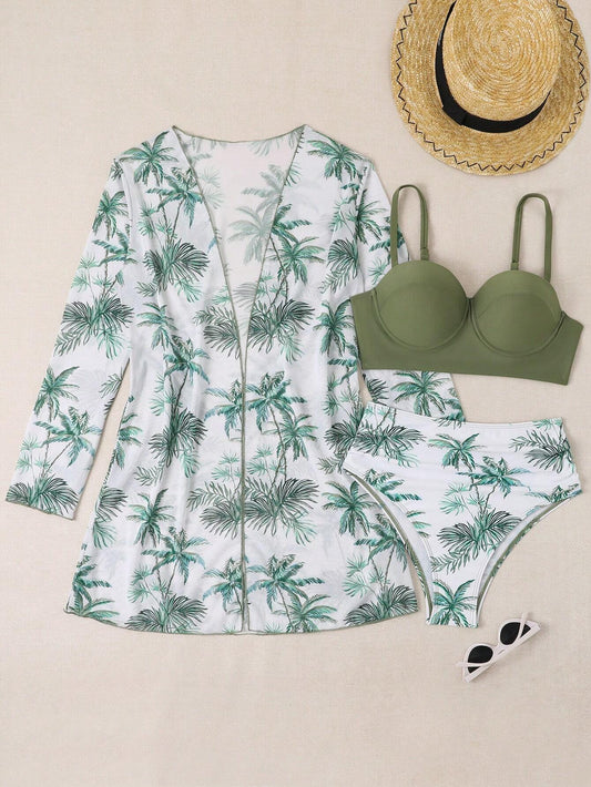 Bikini Tropical Verde Con Kimono Transparente Y Estampado De Palmeras