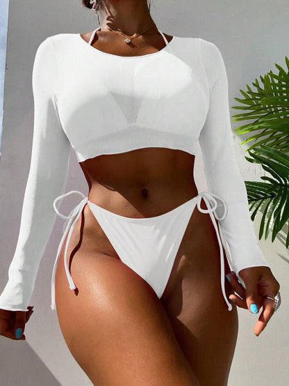 Conjunto De Bikini Blanco Liso Con Blusa De Manga Larga