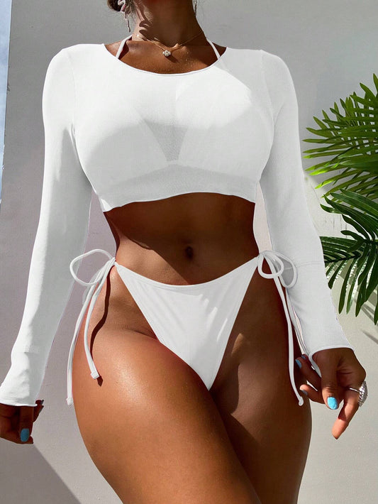 Conjunto De Bikini Blanco Liso Con Blusa De Manga Larga