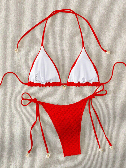 Bikini Rojo de Tejido Texturizado con Lazos